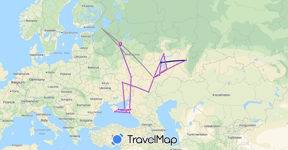 TravelMap itinerary: driving, plane, train in Russia, Ukraine (Europe)